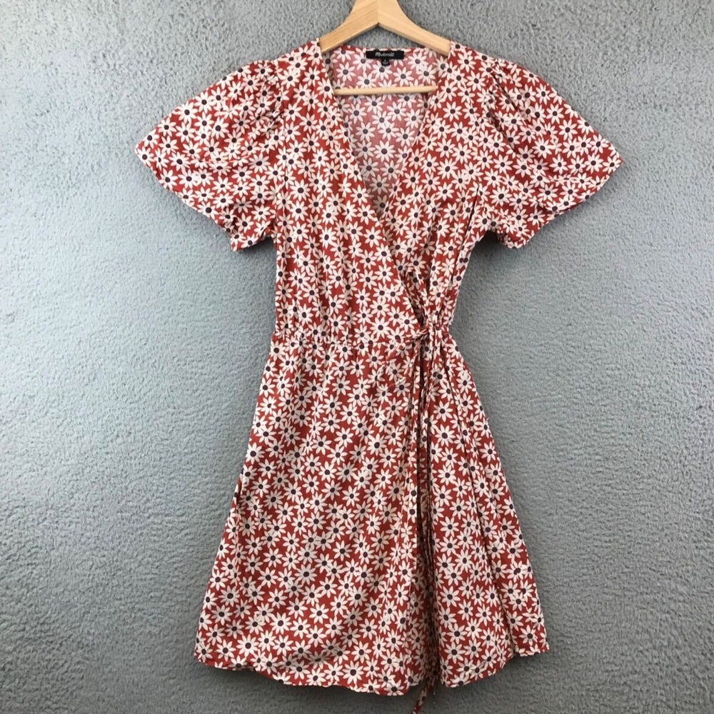 Madewell Clara Red Floral Daisy Print Wrap Mini Dress
